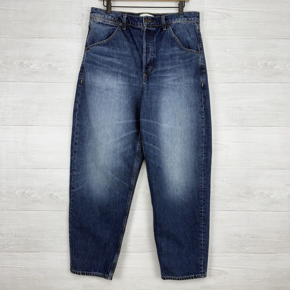 Banana Republic High Rise Rigid Bow Jeans 31 Blue Horseshoe Barrel Leg NO‎ BELT